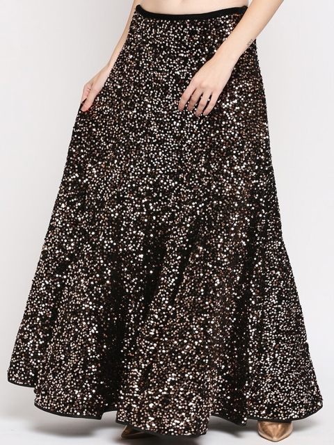 Ira Soleil Women Black & Gold-Coloured Embellished Flared Maxi Skirt