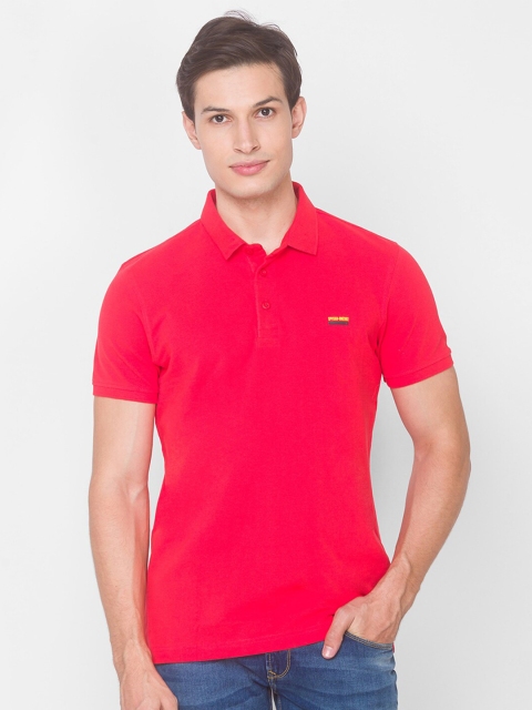 SPYKAR Men Coral Pure Cotton Polo Collar Solid Slim Fit T-shirt