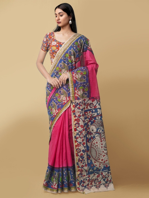 Unnati Silks Pink & Blue Kalamkari Pure Cotton Kanjeevaram Saree