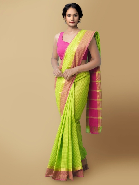Unnati Silks Green & Pink Checked Zari Pure Cotton Mangalagiri Saree