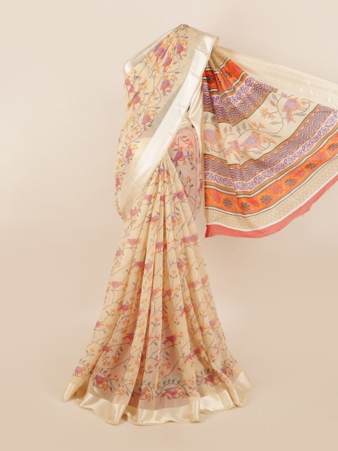 Pothys Cream-Coloured & Red Floral Saree