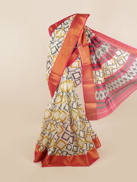 Pothys White & Yellow Printed Zari Border Saree