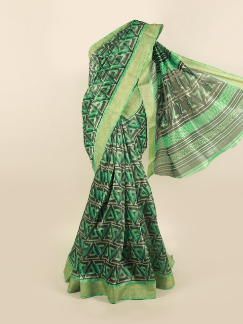 Pothys Green & Black Cotton Blend Geometric Printed Saree