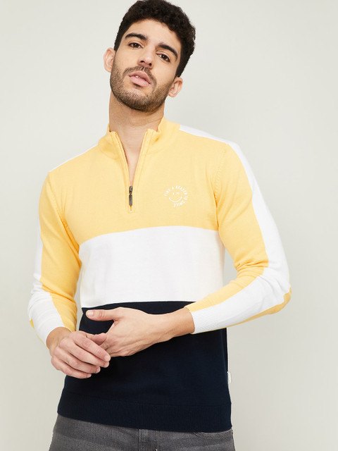 Smiley World Men Yellow & White Colourblocked Cotton Sweatshirt 
Smiley World Men Yellow & White Colourblocked Cotton Sweatshirt