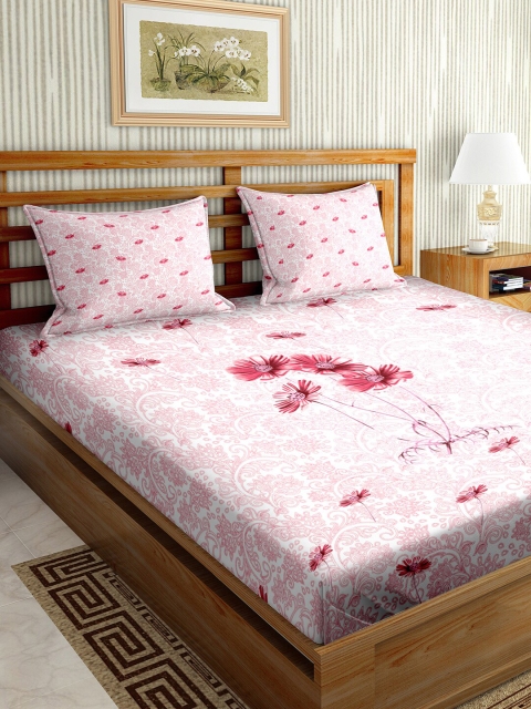 BELLA CASA Mysterious Pink & White Floral 150 TC Cotton King Bedsheet with 2 Pillow Covers