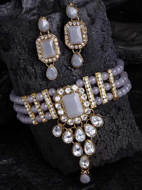 PANASH Gold-Plated Grey & White Kundan Studded & Beaded Vilandi Jewellery Set