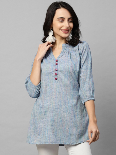 FASHOR Women Light Blue Woven Designed Kurti