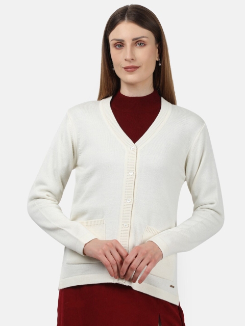 Monte Carlo Women Off White Wool Solid Cardigan Sweater