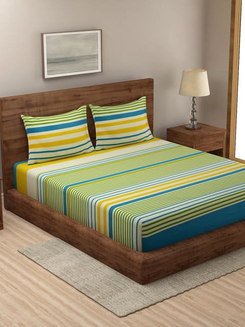 NEUDIS Green & Blue Striped 180 TC Queen Bedsheet with 2 Pillow Covers