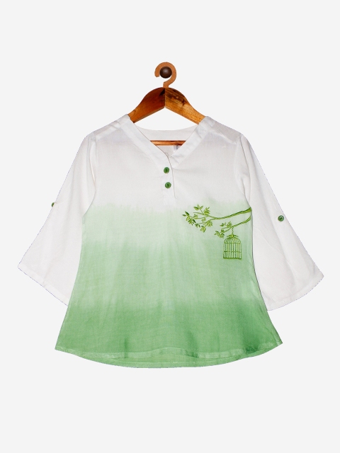 KiddoPanti Girls Green & White Colourblocked Flared Sleeves Kurta