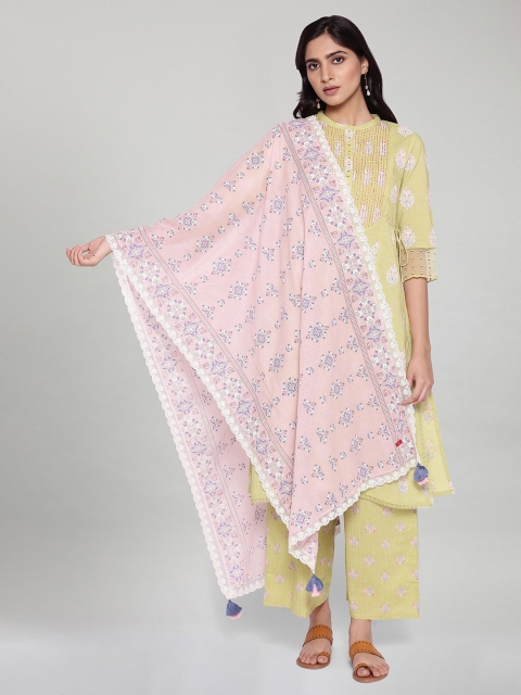 W Pink Printed Pure Cotton Dupatta