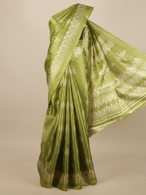 Pothys Green & Cream-Coloured Floral Printed Saree