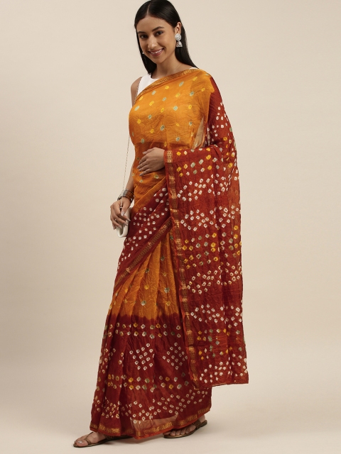 Geroo Jaipur Yellow & Maroon Bandhani Art Silk Bandhani Saree