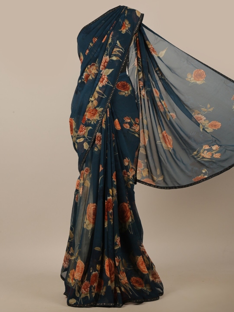 Pothys Blue & Brown Floral Printed Saree