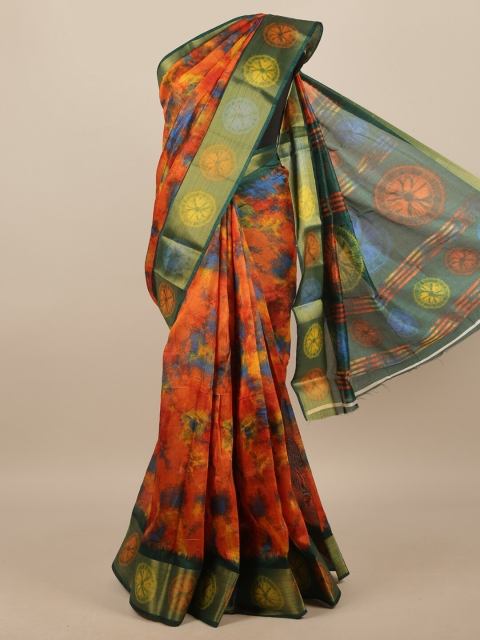 Pothys Orange & Green Abstract Printed Saree