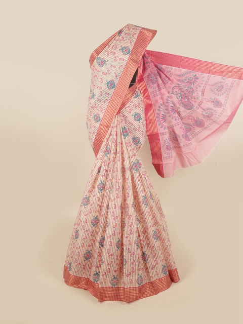 Pothys Pink & Teal Ethnic Motifs Zari Pure Cotton Saree