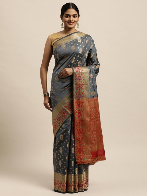 SANGAM PRINTS Grey Woven Design Pure Silk Saree