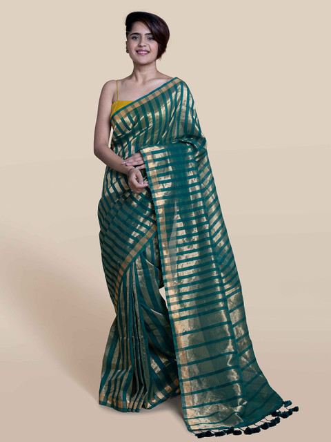Suta Green & Gold-Toned Striped Linen Blend Saree 
Suta Green & Gold-Toned Striped Linen Blend Saree