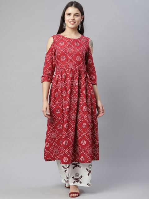 HERE&NOW Women Maroon & White Bandhani Printed Empire Pure Cotton Kurta with Palazzos
HERE&NOW Women Maroon & White Bandhani Printed Empire Pure Cotton Kurta with Palazzos