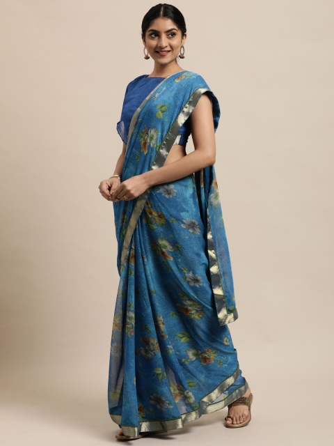 Satrani Blue Floral Pure Chiffon Saree
