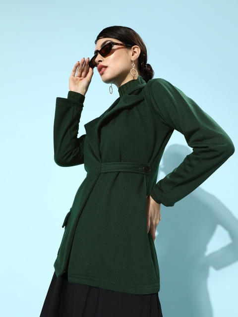 Belle Fille Women Green Solid Trench Coat Jacket