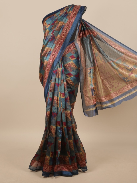 Pothys Blue & Maroon Floral Printed Saree