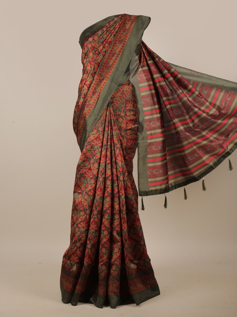 Pothys Rust & Grey Floral Printed Cotton Blend Saree