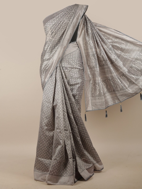 Pothys Grey-Coloured Geometric Printed Beads & Stones Cotton Blend Saree