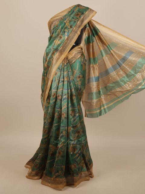 Pothys Green & Brown Cotton Blend Floral Printed Saree