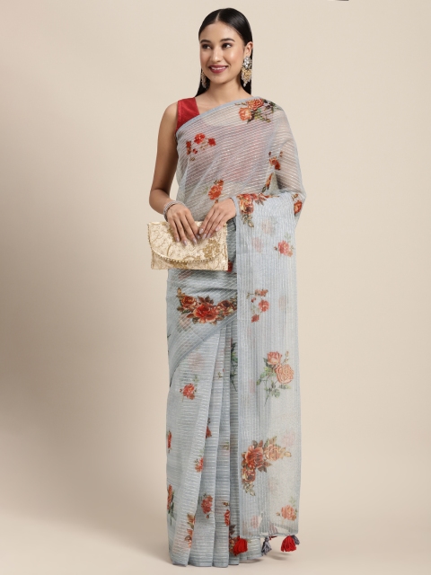 Neerus Grey & Orange Floral Sequined Organza Saree