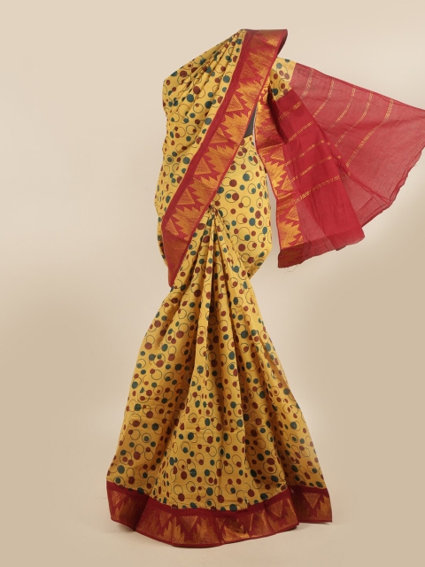 Pothys Yellow & Maroon Printed Pure Cotton Saree