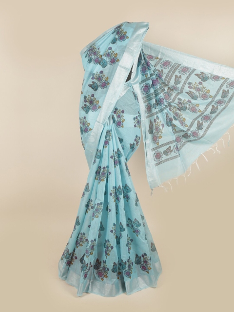 Pothys Blue & Purple Floral Printed Pure Cotton Saree