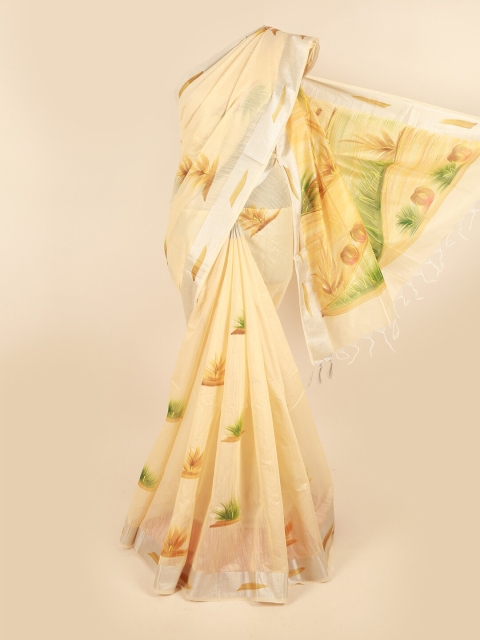 Pothys Cream-Coloured & Silver-Toned Printed Pure Cotton Saree