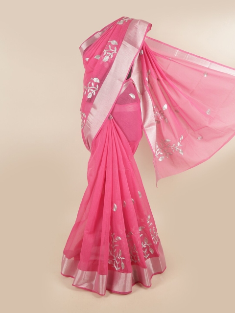 Pothys Pink & Silver-Toned Floral Printed Saree