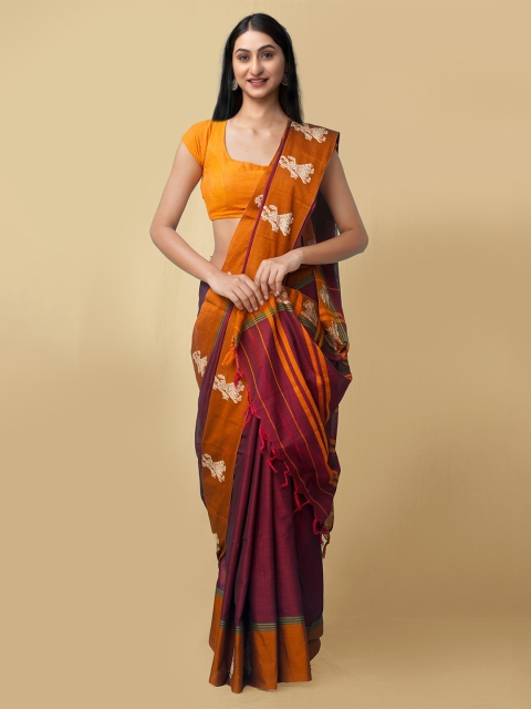 Unnati Silks Maroon & Mustard Pure Cotton Kanjeevaram Saree