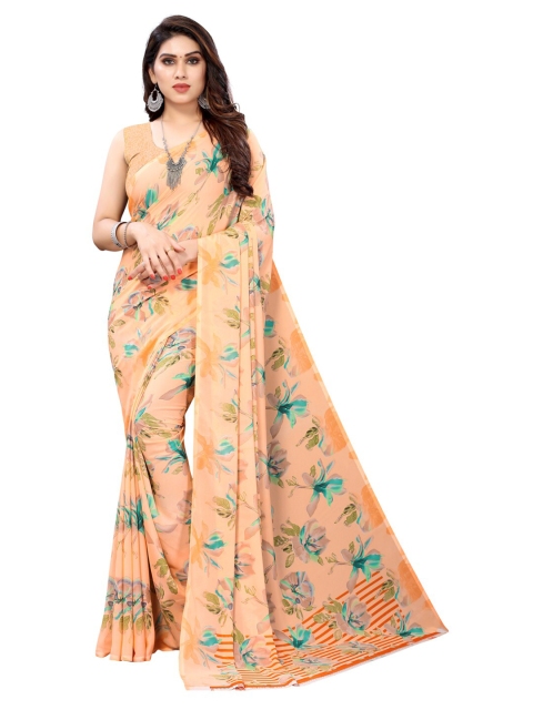 KALINI Peach-Coloured & Blue Floral Motifs Printed Saree