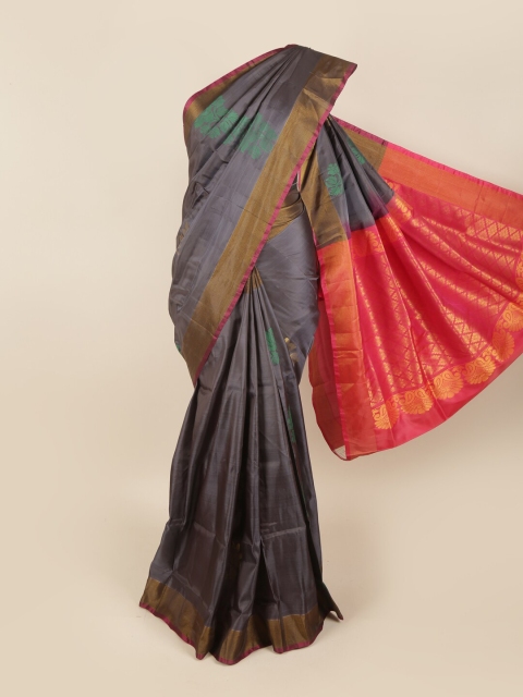 Pothys Grey & Orange Floral Pure Silk Saree