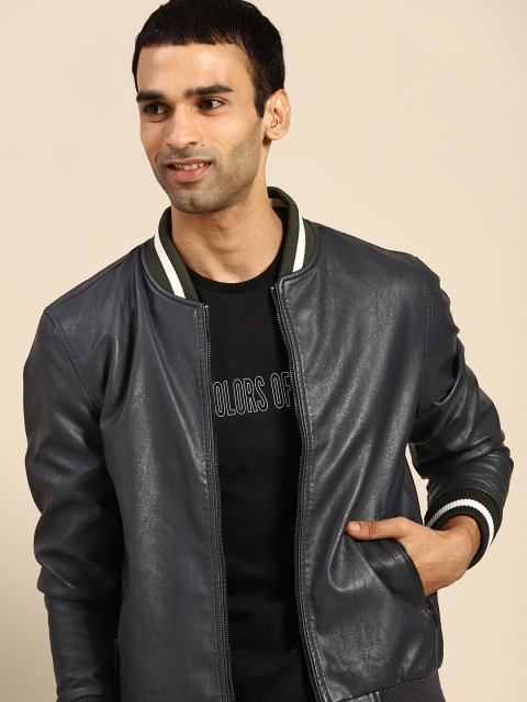 United Colors of Benetton Men Navy Blue Solid Bomber Jacket with Contrast Rib