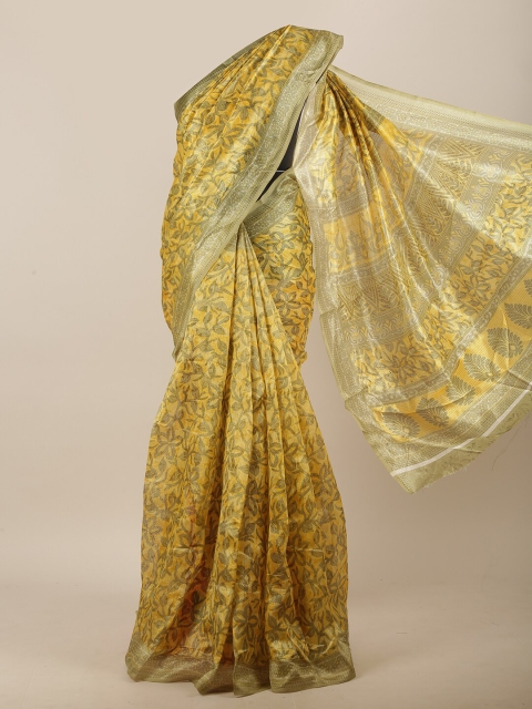 Pothys Yellow & Olive Green Floral Printed Saree