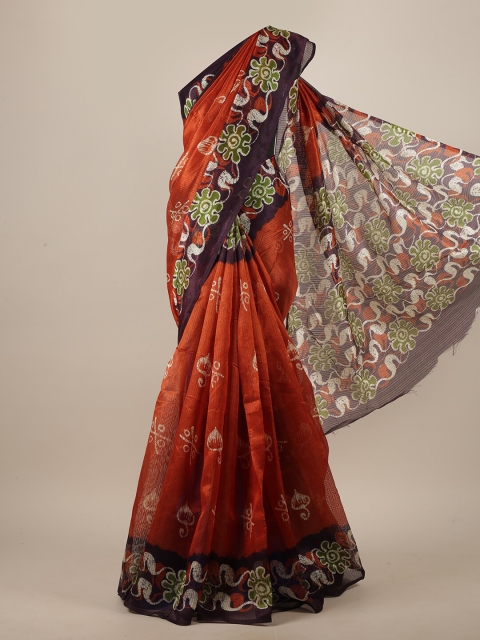 Pothys Rust & Green Cotton Blend Saree