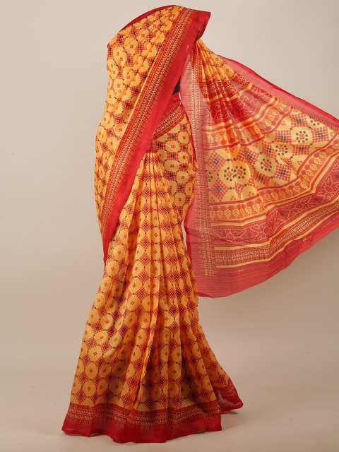 Pothys Women Orange Printed Cotton Blend Saree