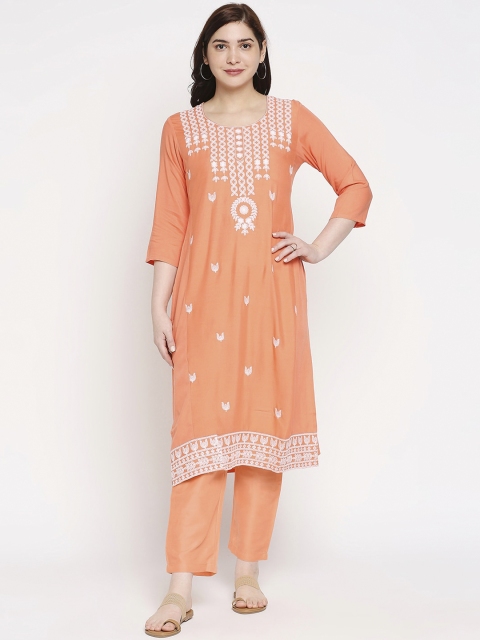 ZRI Women Peach-Coloured Ethnic Motifs Embroidered Regular Chikankari Kurta with Trousers
ZRI Women Peach-Coloured Ethnic Motifs Embroidered Regular Chikankari Kurta with Trousers