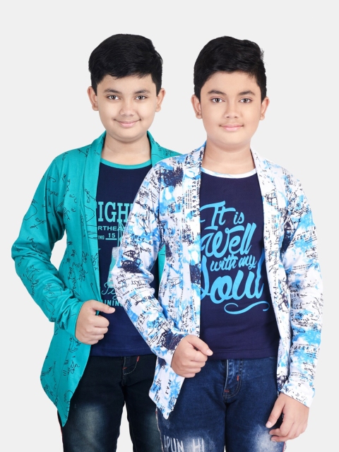 Fabshio Boys Pack Of 2 Typography Printed T-shirt With Attached Shrugs, Green