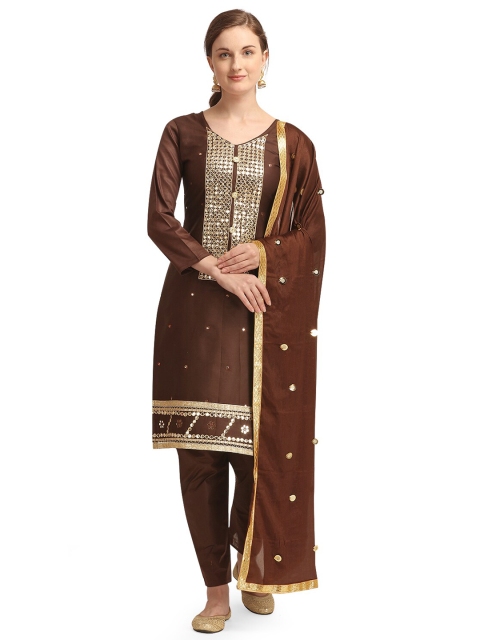 Iris Coffee Brown & Gold-Toned Embellished Unstitched Dress Material