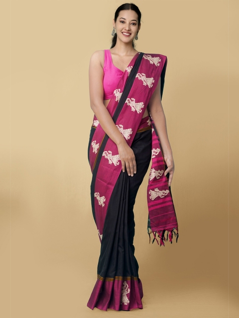 Unnati Silks Black & Magenta Pure Cotton Kanjeevaram Saree