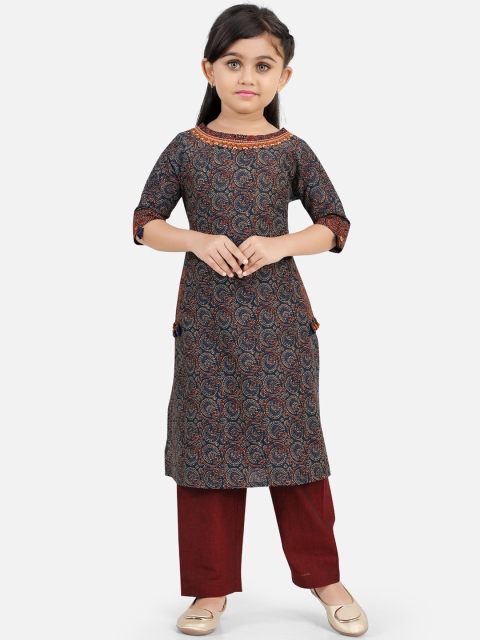 Ashneeta Girls Navy Blue Ethnic Motifs Printed Regular Kurta with Trousers