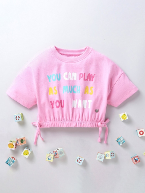 Ed-a-Mamma Girls Pink Typography Printed Extended Sleeves Pure Cotton T-shirt