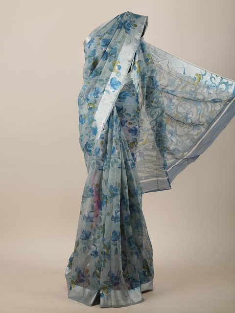 Pothys Grey & Blue Floral Saree
