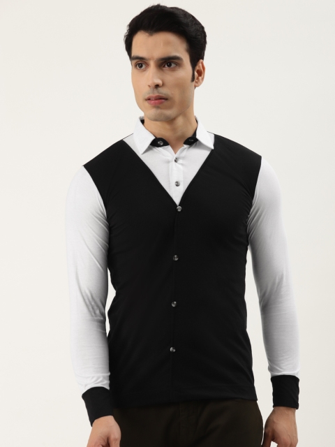 GESPO Men Black & White Colourblocked Polo Collar T-shirt