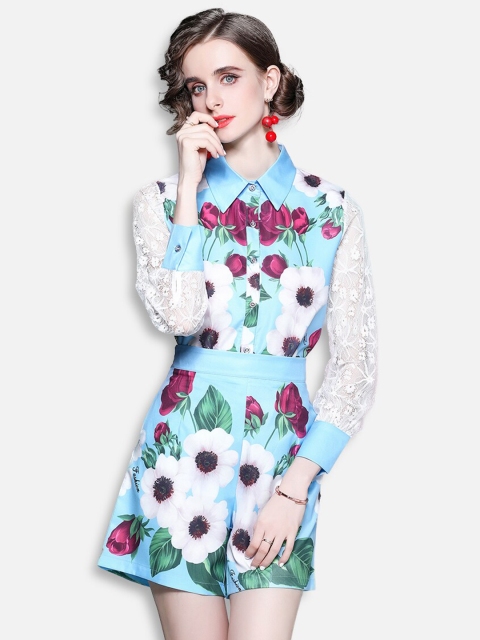 JC Collection Women Blue & White Floral Printed Clothing Set
